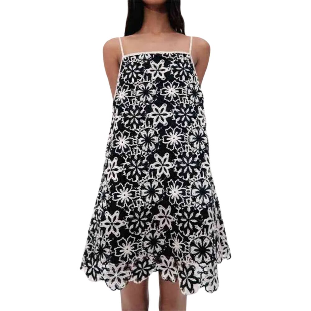 Zara Floral Crochet Mini Dress Black Ecru Tie Strap Lined Sleeveless XS